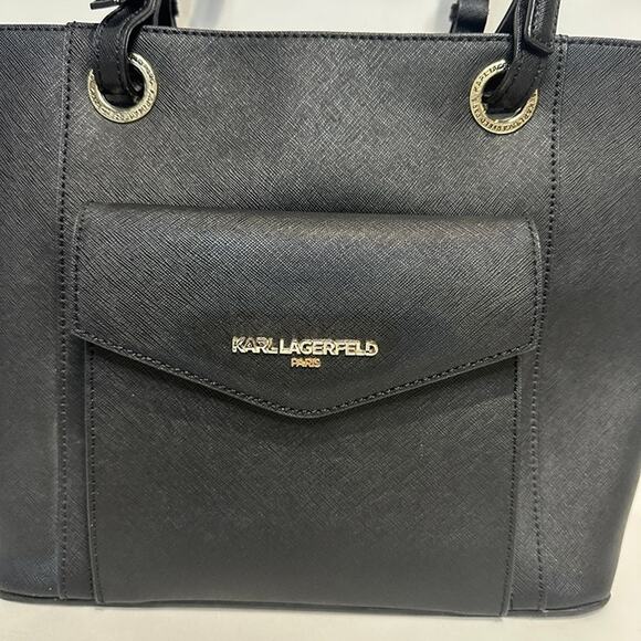 Karl Lagerfeld Black Saffiano Leather Tote Handbag Purse - Adjustable Straps - Picture 2 of 12